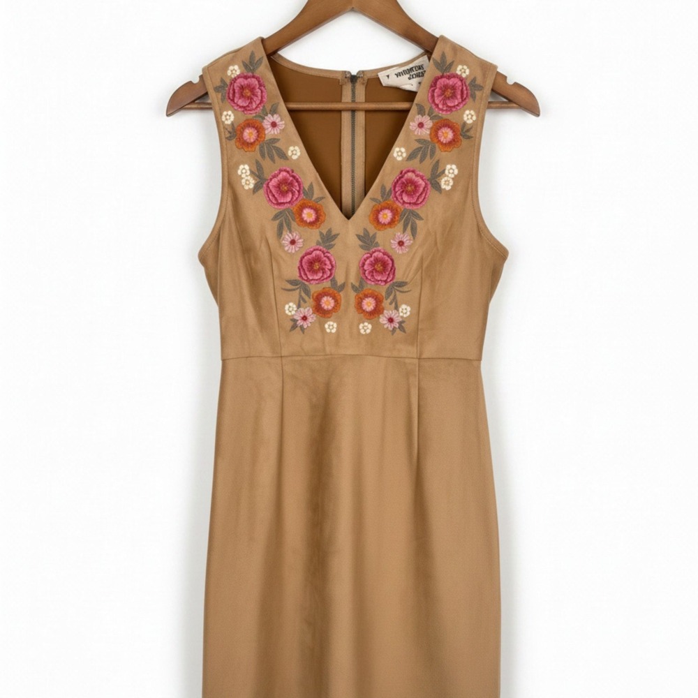 Savanna Jane Faux Suede Floral Embroidered Boho V-Neck Dress Camel Tan Small